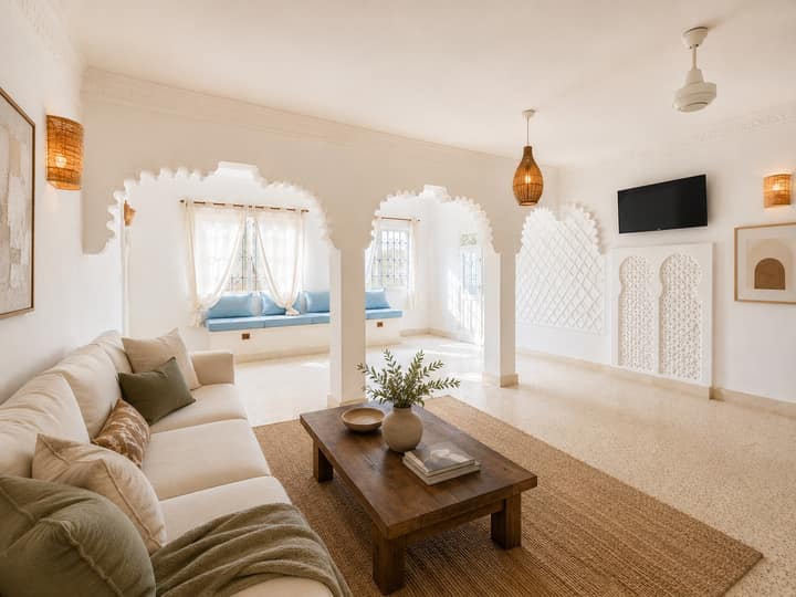 Living room at Villa Samawati with relaxed coastal furnishings