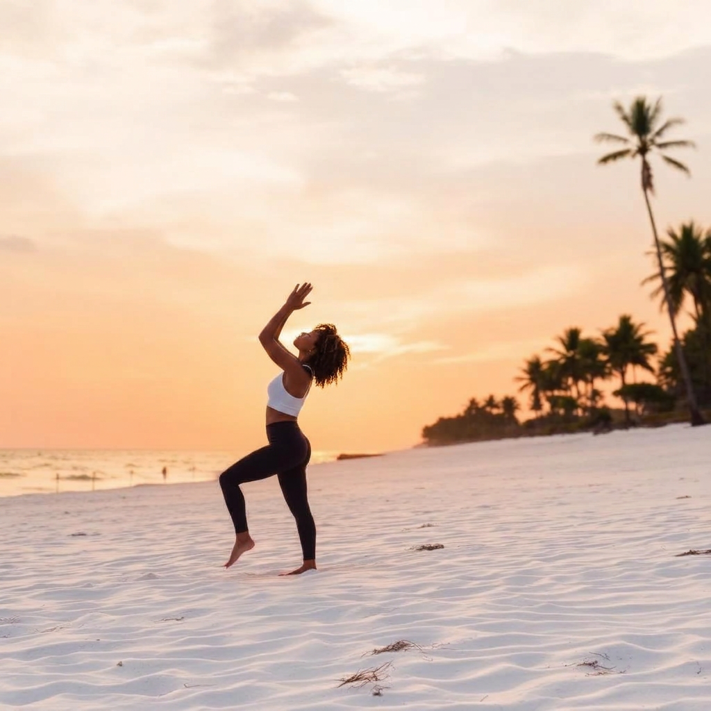 Beach yoga session at sunrise in Diani